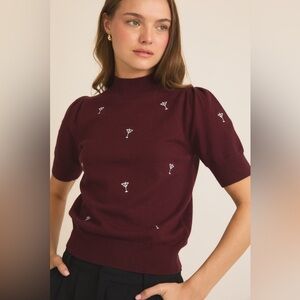 Martini Embroidered Mock Neck Short Sleeve Sweater - Gilli